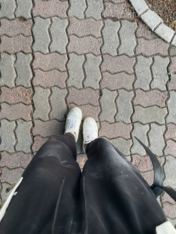 my pants covered in dust—the result of sanding for hours
