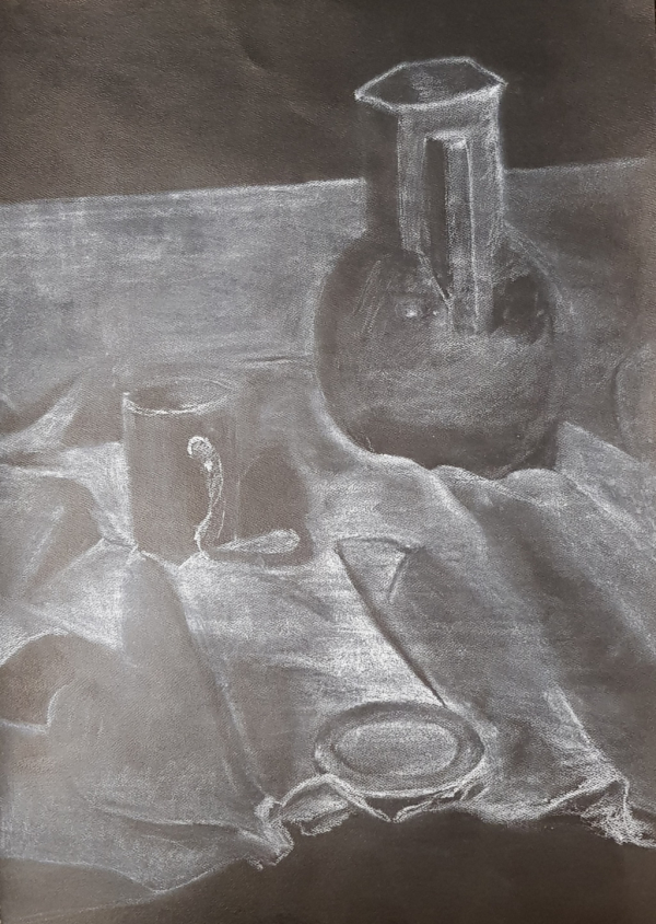 a white charcoal depiction on a black background of a vase, cup, and plate on fabric