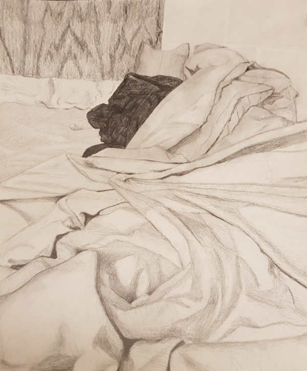 pencil drawing on my unmade bed