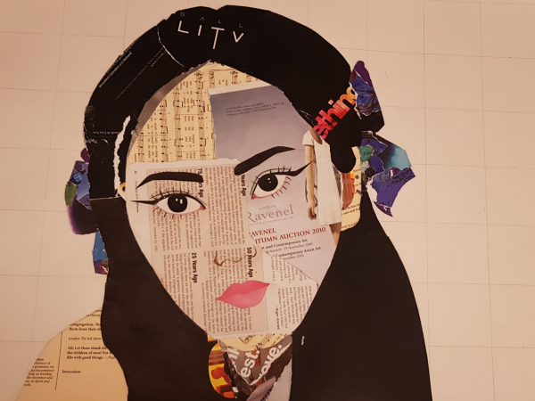 a portrait of Jisoo from Blackpink made out of collaging newspaper
