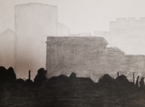 a charcoal drawing of a city skyline
