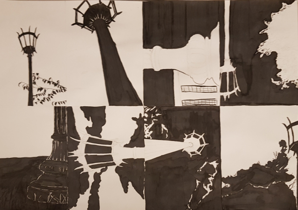 8 panels of street lamp ink drawings at different angles