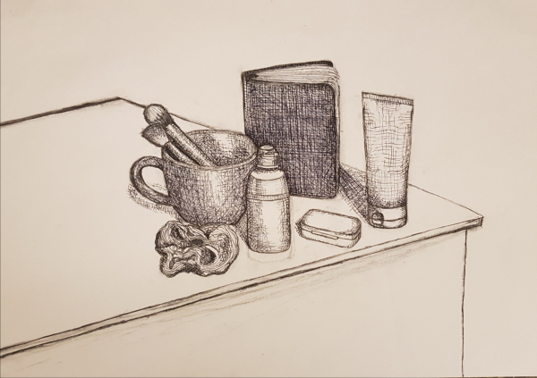 a crosshatching drawing of ordinary items on my desk