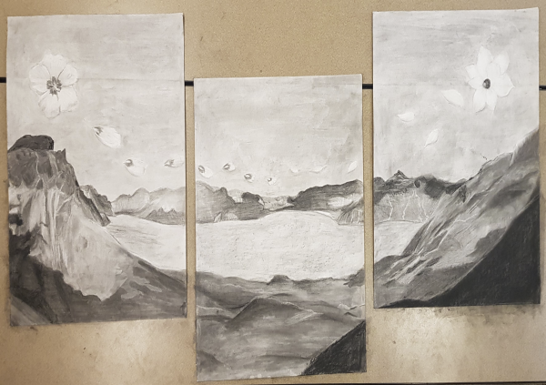 a triptych drawing of Mount Baekdu