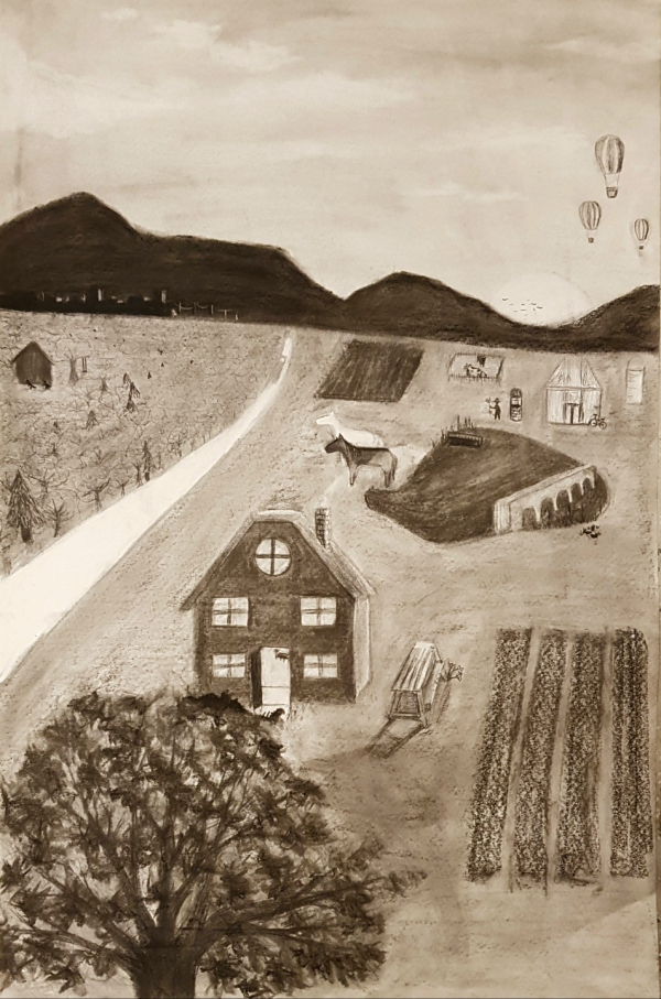 a charcoal drawing of a farm with moutains in the distance and a hot air balloon in the sky