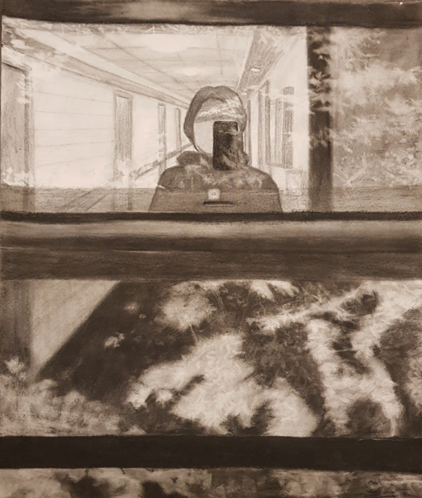 a charcoal drawing of myself looking outside a reflective window