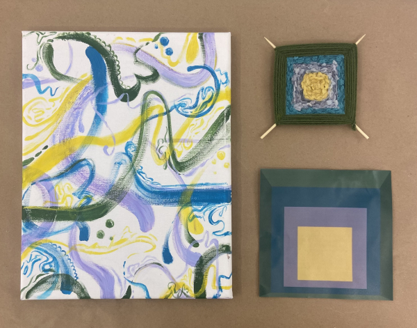 an abstract painting down in dark blue, dark gree, lavender pruple, and mustard yellow with a God's eye and Josef Albers square of the same colors