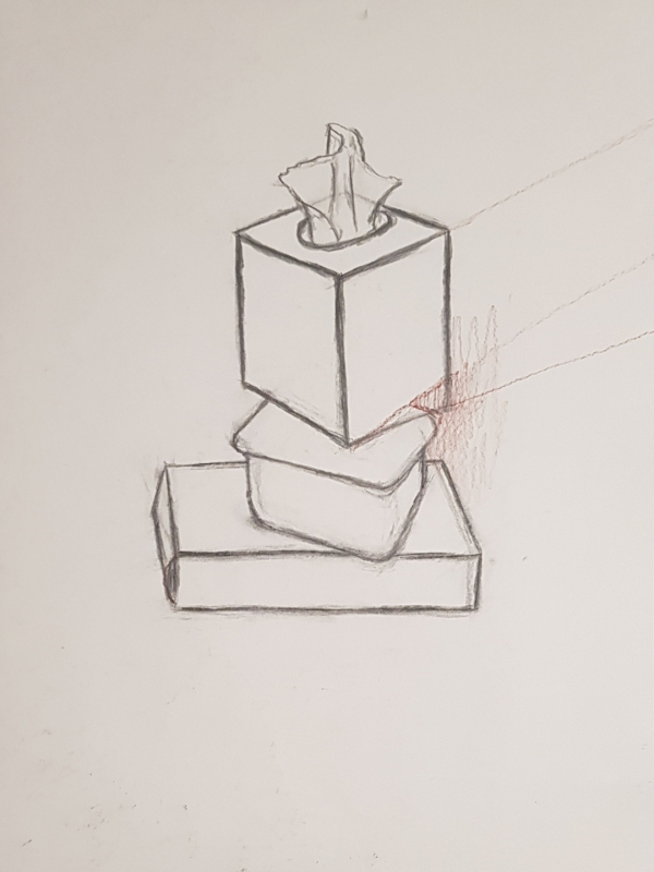 a stack of a book, food container, and tissue box drawn with soft vine charcoal